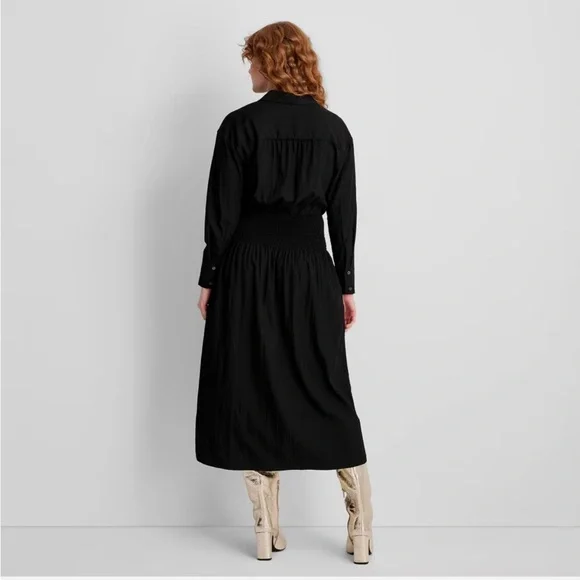 NWT FUTURE COLLECTIVE Collard Long Sleeve Smocked Midi Shirtdress - Sz: XXS - Picture 4 of 16